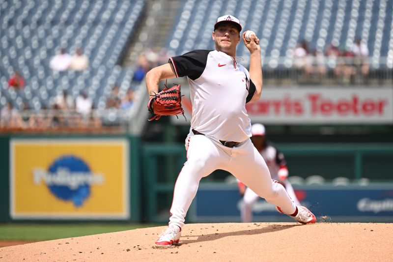 Aug 4, 2024; Washington, District of Columbia, USA; Washington Nationals starting pitcher Mitchell Parker (70) throws a pitch against the Milwaukee Brewers during the first inning at Nationals Park. Mandatory Credit: Rafael Suanes-USA TODAY Sports