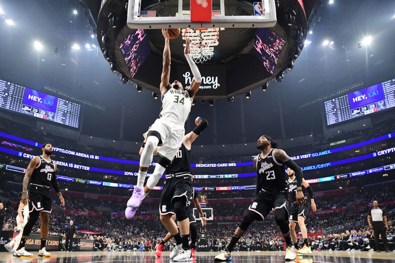 LOS ANGELES, CA - FEBRUARY 10: Giannis Antetokounmpo #34 of the Milwaukee Bucks drives to the basket during the game against the LA Clippers on February 10, 2023 at Crypto.Com Arena in Los Angeles, California. NOTE TO USER: User expressly acknowledges and agrees that, by downloading and/or using this Photograph, user is consenting to the terms and conditions of the Getty Images License Agreement. Mandatory Copyright Notice: Copyright 2023 NBAE (Photo by Adam Pantozzi/NBAE via Getty Images)