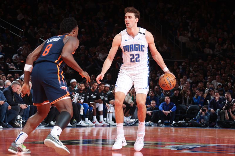 NEW YORK, NY - DECEMBER 3: Franz Wagner #22 of the Orlando Magic dribbles the ball during the game against the New York Knicks during the Emirates NBA Cup on December 3, 2024 at Madison Square Garden in New York City, New York.  NOTE TO USER: User expressly acknowledges and agrees that, by downloading and or using this photograph, User is consenting to the terms and conditions of the Getty Images License Agreement. Mandatory Copyright Notice: Copyright 2024 NBAE  (Photo by Nathaniel S. Butler/NBAE via Getty Images)