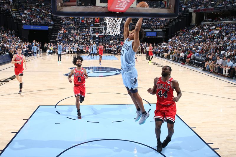 MEMPHIS, TN - OCTOBER 28: Jaylen Wells #0 of the Memphis Grizzlies dunks the ball during the game against the Chicago Bulls on October 28, 2024 at FedExForum in Memphis, Tennessee. NOTE TO USER: User expressly acknowledges and agrees that, by downloading and or using this photograph, User is consenting to the terms and conditions of the Getty Images License Agreement. Mandatory Copyright Notice: Copyright 2024 NBAE (Photo by Joe Murphy/NBAE via Getty Images)