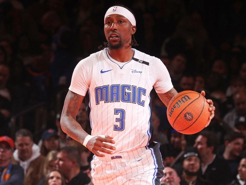 NEW YORK, NY - DECEMBER 3: Kentavious Caldwell-Pope #3 of the Orlando Magic dribbles the ball during the game against the New York Knicks during the Emirates NBA Cup on December 3, 2024 at Madison Square Garden in New York City, New York.  NOTE TO USER: User expressly acknowledges and agrees that, by downloading and or using this photograph, User is consenting to the terms and conditions of the Getty Images License Agreement. Mandatory Copyright Notice: Copyright 2024 NBAE  (Photo by Nathaniel S. Butler/NBAE via Getty Images)