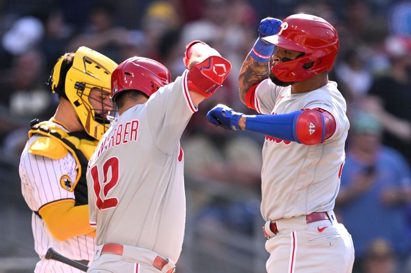 Sep 4, 2023; San Diego, California, USA; Philadelphia Phillies third baseman Edmundo Sosa (right) celebrates with left fielder Kyle Schwarber (12) after hitting a home run against the San Diego Padres during the second inning at Petco Park. Mandatory Credit: Orlando Ramirez-USA TODAY Sports