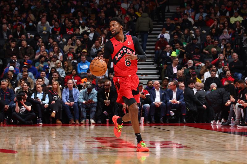 TORONTO, CANADA - MARCH 27: Kobi Simmons #8 of the Toronto Raptors dribbles the ball during the game against the New York Knicks on March 27, 2024 at the Scotiabank Arena in Toronto, Ontario, Canada.  NOTE TO USER: User expressly acknowledges and agrees that, by downloading and or using this Photograph, user is consenting to the terms and conditions of the Getty Images License Agreement.  Mandatory Copyright Notice: Copyright 2024 NBAE (Photo by Vaughn Ridley/NBAE via Getty Images)