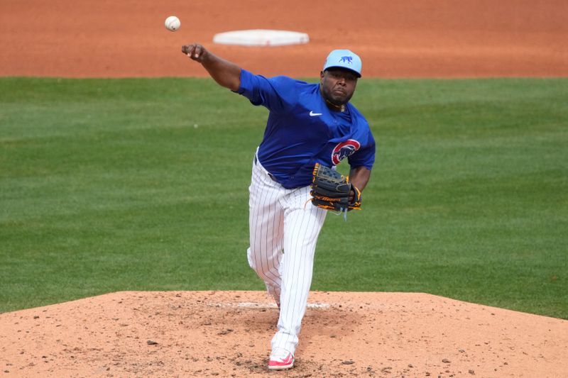 Mar 6, 2024; Mesa, Arizona, USA; Chicago Cubs relief pitcher Hector Neris (51) throws against the Los Angeles Angels in the fourth inning at Sloan Park. Mandatory Credit: Rick Scuteri-USA TODAY Sports