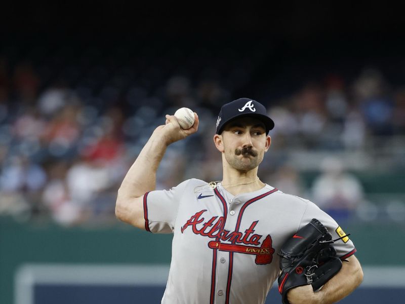 May 20, 2025; Washington, District of Columbia, USA; Atlanta Braves starting pitcher Spencer Strider (99) pitches against the Washington Nationals during the second inning at Nationals Park. Mandatory Credit: Geoff Burke-Imagn Images