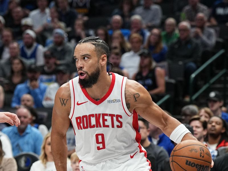 DALLAS, TX - OCTOBER 31: Dillon Brooks #9 of the Houston Rockets dribbles the ball during the game against the Dallas Mavericks on October 31, 2024 at American Airlines Center in Dallas, Texas. NOTE TO USER: User expressly acknowledges and agrees that, by downloading and or using this photograph, User is consenting to the terms and conditions of the Getty Images License Agreement. Mandatory Copyright Notice: Copyright 2024 NBAE (Photo by Glenn James/NBAE via Getty Images)