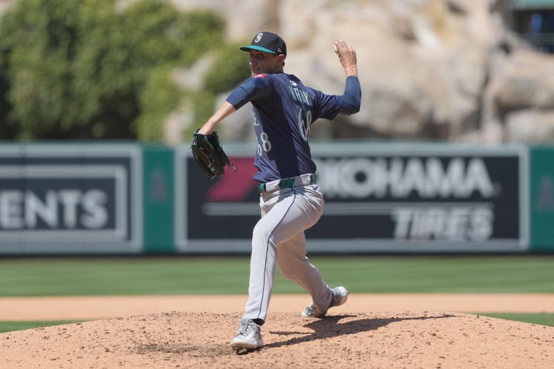 Jun 8, 2025; Anaheim, California, USA; Seattle Mariners starting pitcher George Kirby (68) throws against the Los Angeles Angels at Angel Stadium. Mandatory Credit: Kirby Lee-Imagn Images