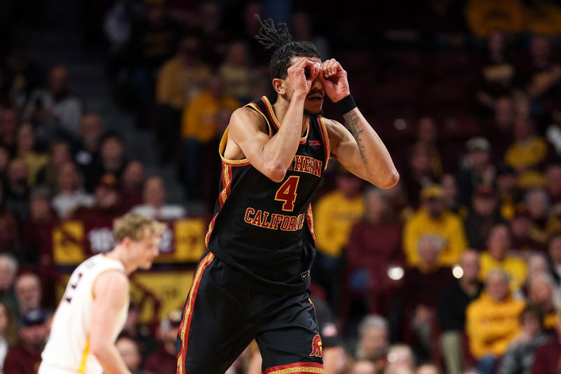 Jan 9, 2026; Minneapolis, Minnesota, USA; Southern California Trojans forward Chad Baker-Mazara (4) celebrates against the Minnesota Golden Gophers aduring the first half at Williams Arena. Mandatory Credit: Matt Krohn-Imagn Images