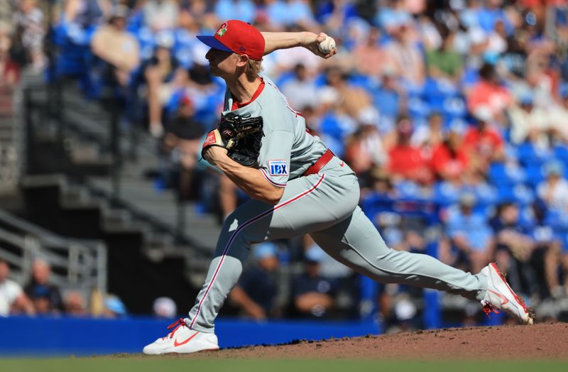 Feb 21, 2026; Dunedin, Florida, USA; Philadelphia Phillies pitcher Seth Johnson (51) throws a pitch during the fifth inning against the Toronto Blue Jays  at TD Ballpark. Mandatory Credit: Kim Klement Neitzel-Imagn Images