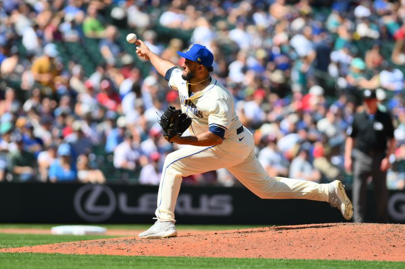 Aug 4, 2024; Seattle, Washington, USA; Seattle Mariners relief pitcher Yimi Garcia (93) pitches to the Philadelphia Phillies during the eighth inning at T-Mobile Park. Mandatory Credit: Steven Bisig-USA TODAY Sports