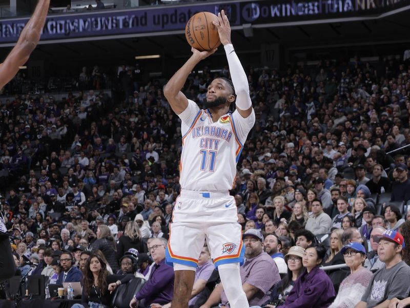 SACRAMENTO, CA - NOVEMBER 25: Aaron Wiggins #21 of the Oklahoma City Thunder shoots the ball during the game against the Sacramento Kings on November 25, 2024 at Golden 1 Center in Sacramento, California. NOTE TO USER: User expressly acknowledges and agrees that, by downloading and or using this Photograph, user is consenting to the terms and conditions of the Getty Images License Agreement. Mandatory Copyright Notice: Copyright 2024 NBAE (Photo by Rocky Widner/NBAE via Getty Images)