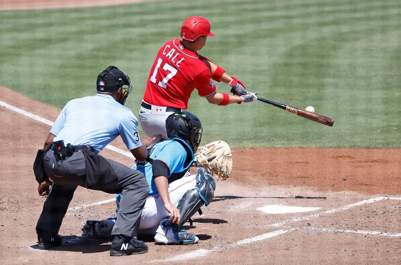 Mar 26, 2023; Jupiter, Florida, USA;  Washington Nationals left fielder Alex Call (17) bats against the Miami Marlins during the fourth inning at Roger Dean Stadium. Mandatory Credit: Rhona Wise-USA TODAY Sports