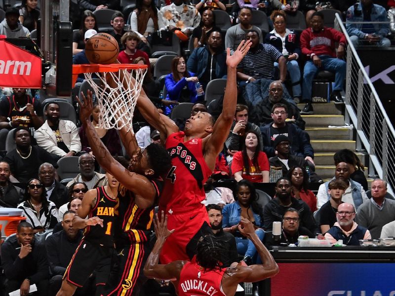 ATLANTA, GA - February 23:   Scottie Barnes #4 of the Toronto Raptors drives to the basket during the game against the Atlanta Hawks on February 23, 2024 at State Farm Arena in Atlanta, Georgia.  NOTE TO USER: User expressly acknowledges and agrees that, by downloading and/or using this Photograph, user is consenting to the terms and conditions of the Getty Images License Agreement. Mandatory Copyright Notice: Copyright 2024 NBAE (Photo by Scott Cunningham/NBAE via Getty Images)