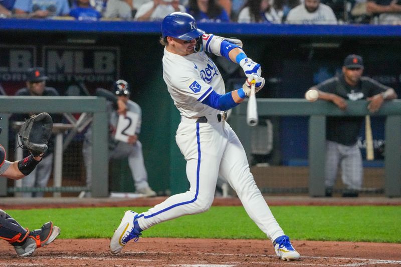 Sep 16, 2024; Kansas City, Missouri, USA; Kansas City Royals shortstop Bobby Witt Jr. (7) hits a grand slam against the Detroit Tigers in the third inning at Kauffman Stadium. Mandatory Credit: Denny Medley-Imagn Images