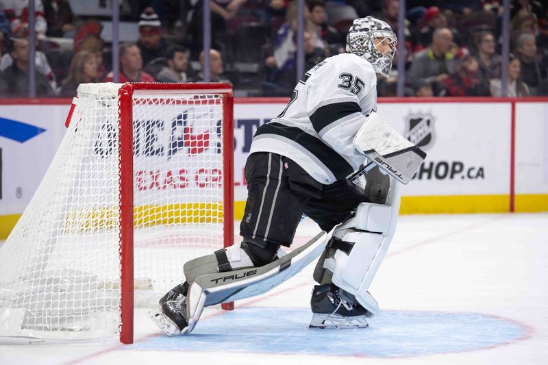 Oct 14, 2024; Ottawa, Ontario, CAN; Los Angeles Kings goalie Darcy Kuemper (35) skates in the first period against the Ottawa Senators at the Canadian Tire Centre. Mandatory Credit: Marc DesRosiers-Imagn Images