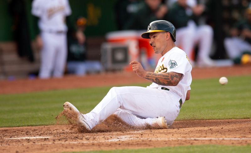 May 29, 2023; Oakland, California, USA; Oakland Athletics second baseman Jace Peterson (6) slides safely home on an RBI single by Esteury Ruiz during the fifth inning against the Atlanta Braves at Oakland-Alameda County Coliseum. Mandatory Credit: D. Ross Cameron-USA TODAY Sports