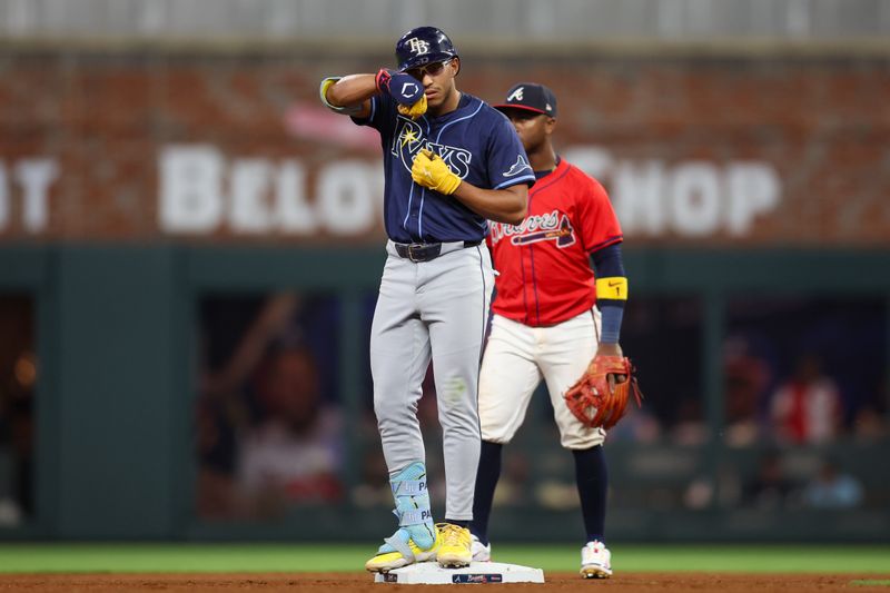 Jun 14, 2024; Atlanta, Georgia, USA; Tampa Bay Rays right fielder Richie Palacios (1) celebrates after a RBI double against the Atlanta Braves in the seventh inning at Truist Park. Mandatory Credit: Brett Davis-USA TODAY Sports