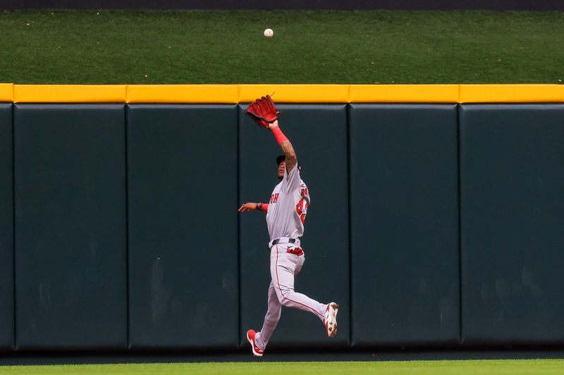 Jun 23, 2024; Cincinnati, Ohio, USA; Boston Red Sox outfielder Ceddanne Rafaela (43) catches a fly out hit by Cincinnati Reds second baseman Jonathan India (not pictured) in the second inning at Great American Ball Park. Mandatory Credit: Katie Stratman-USA TODAY Sports