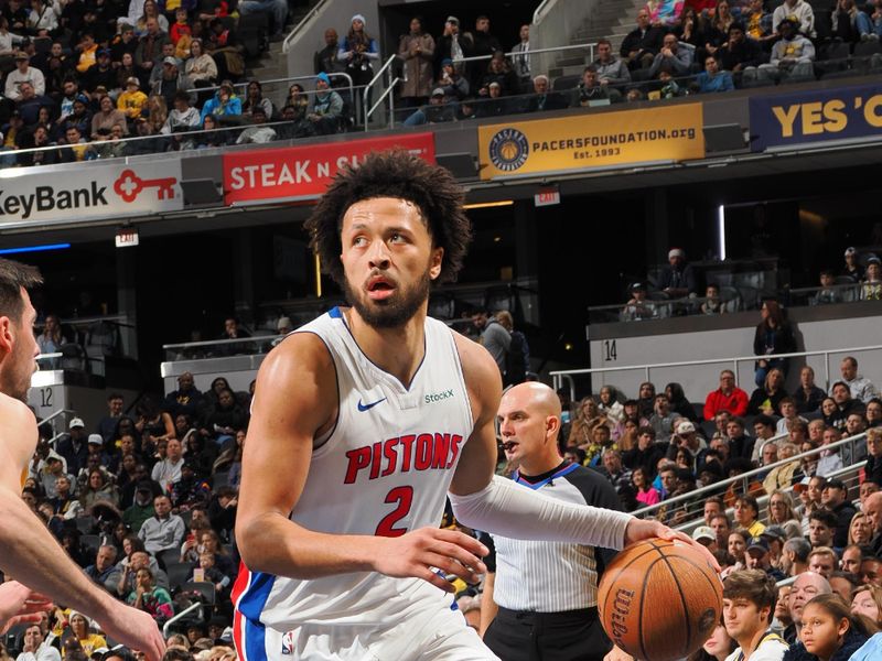 INDIANAPOLIS, IN - NOVEMBER 29:  Cade Cunningham #2 of the Detroit Pistons handles the ball during the game against the Indiana Pacers during the Emirates NBA Cup game on November 29, 2024 at Gainbridge Fieldhouse in Indianapolis, Indiana. NOTE TO USER: User expressly acknowledges and agrees that, by downloading and or using this Photograph, user is consenting to the terms and conditions of the Getty Images License Agreement. Mandatory Copyright Notice: Copyright 2024 NBAE (Photo by Ron Hoskins/NBAE via Getty Images)