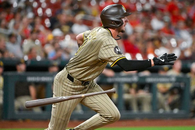 Aug 26, 2024; St. Louis, Missouri, USA;  San Diego Padres center fielder Jackson Merrill (3) hits a one run single against the St. Louis Cardinals during the fifth inning at Busch Stadium. Mandatory Credit: Jeff Curry-USA TODAY Sports