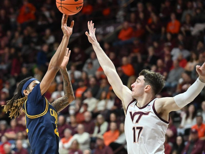 Jan 10, 2026; Blacksburg, Virginia, USA;  California Golden Bears forward Chris Bell (22) shoots a shot over Virginia Tech Hokies guard Neoklis Avdalas (17) during the second half at Cassell Coliseum. Mandatory Credit: Brian Bishop-Imagn Images