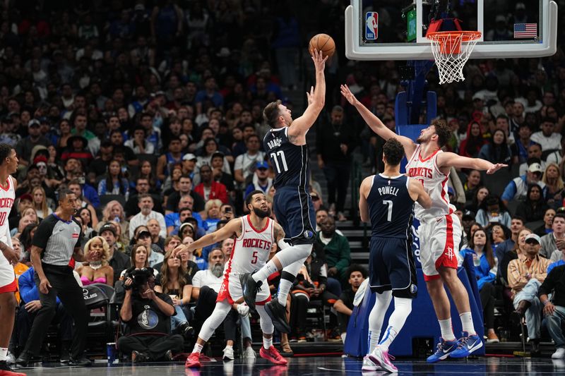 DALLAS, TX - OCTOBER 31: Luka Doncic #77 of the Dallas Mavericks shoots the ball during the game against the Houston Rockets on October 31, 2024 at American Airlines Center in Dallas, Texas. NOTE TO USER: User expressly acknowledges and agrees that, by downloading and or using this photograph, User is consenting to the terms and conditions of the Getty Images License Agreement. Mandatory Copyright Notice: Copyright 2024 NBAE (Photo by Glenn James/NBAE via Getty Images)