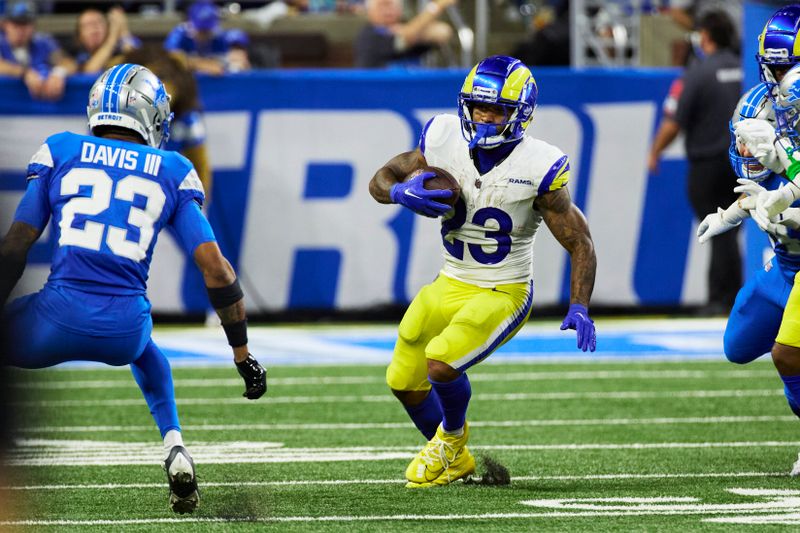 Los Angeles Rams running back Kyren Williams (23) rushes against the Detroit Lions in the second half an NFL football game in Detroit, Sunday, Sept. 8, 2024. (AP Photo/Rick Osentoski)