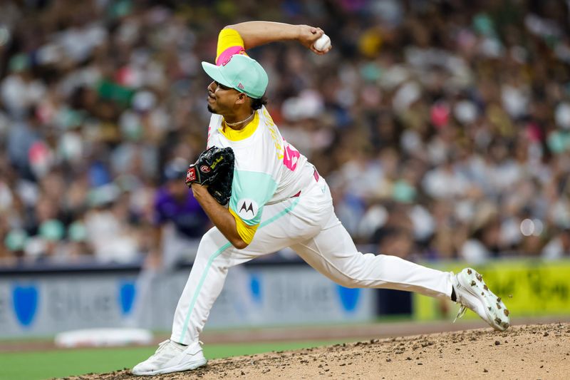 Aug 2, 2024; San Diego, California, USA;  San Diego Padres relief pitcher Jeremiah Estrada (56) throws a pitch during the sixth inning against the Colorado Rockies at Petco Park. Mandatory Credit: David Frerker-USA TODAY Sports