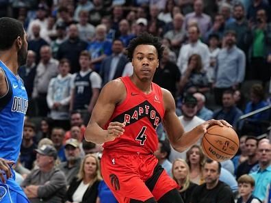 DALLAS, TX - NOVEMBER 8: Scottie Barnes #4 of the Toronto Raptors dribbles the ball during the game against the Dallas Mavericks on November 8, 2023 at the American Airlines Center in Dallas, Texas. NOTE TO USER: User expressly acknowledges and agrees that, by downloading and or using this photograph, User is consenting to the terms and conditions of the Getty Images License Agreement. Mandatory Copyright Notice: Copyright 2023 NBAE (Photo by Glenn James/NBAE via Getty Images)