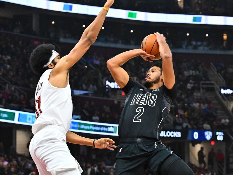 CLEVELAND, OHIO - NOVEMBER 09: Cameron Johnson #2 of the Brooklyn Nets shoots over Jarrett Allen #31 of the Cleveland Cavaliers during the first quarter at Rocket Mortgage Fieldhouse on November 09, 2024 in Cleveland, Ohio. NOTE TO USER: User expressly acknowledges and agrees that, by downloading and or using this photograph, User is consenting to the terms and conditions of the Getty Images License Agreement. (Photo by Jason Miller/Getty Images)