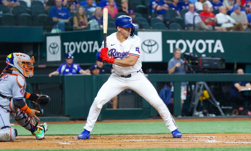 Jun 19, 2024; Arlington, Texas, USA; Texas Rangers center fielder Wyatt Langford (36) gets hit by a pitch during the first inning against the New York Mets at Globe Life Field. Mandatory Credit: Kevin Jairaj-USA TODAY Sports