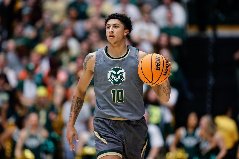 Feb 9, 2024; Fort Collins, Colorado, USA; Colorado State Rams guard Nique Clifford (10) dribbles the ball up court\in the second half against the San Jose State Spartans at Moby Arena. Mandatory Credit: Isaiah J. Downing-USA TODAY Sports