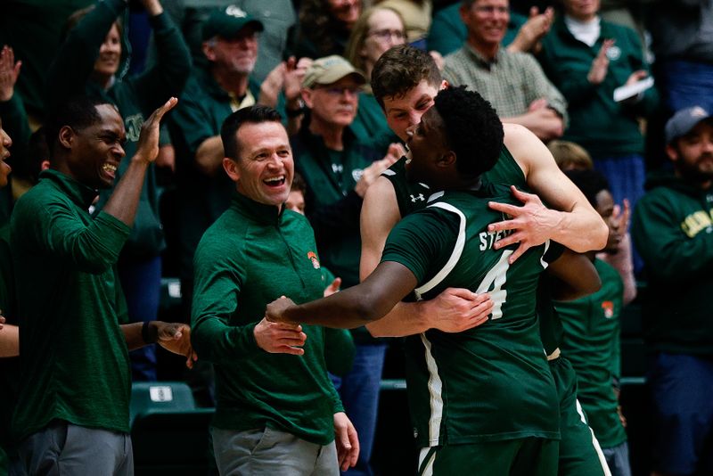 Mar 3, 2023; Fort Collins, Colorado, USA; Colorado State Rams guard Isaiah Stevens (4) and forward Patrick Cartier (12) react on the bench in the final minutes of the second half against the New Mexico Lobos at Moby Arena. Mandatory Credit: Isaiah J. Downing-USA TODAY Sports