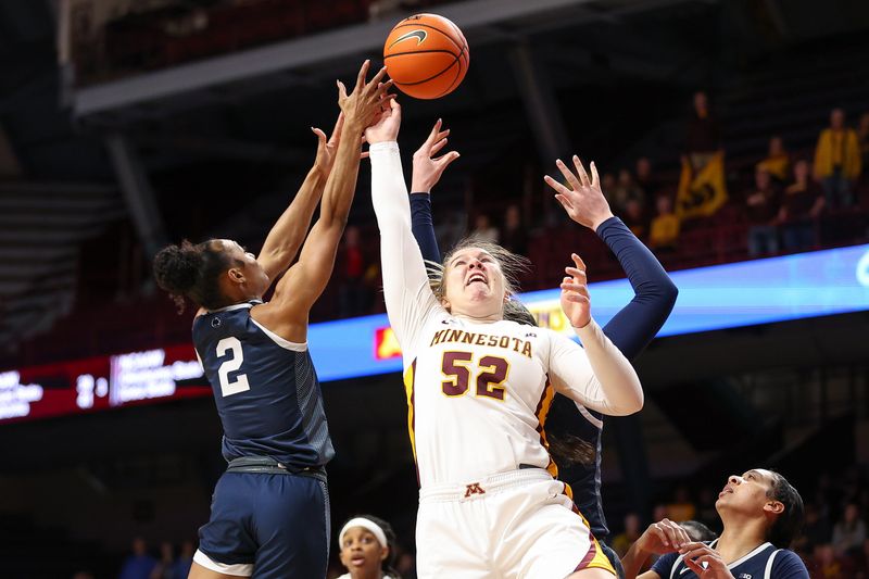 Jan 31, 2024; Minneapolis, Minnesota, USA; Minnesota Golden Gophers guard Maggie Czinano (5), Penn State Nittany Lions guard Tay Valladay (2) and forward Ali Brigham (1) jump for the ball during the first half at Williams Arena. Mandatory Credit: Matt Krohn-USA TODAY Sports