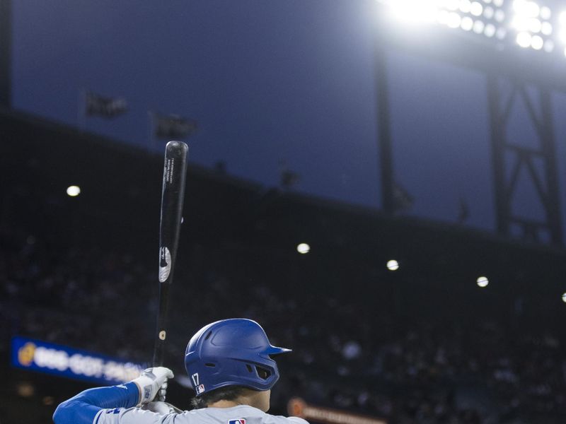 May 15, 2024; San Francisco, California, USA; Los Angeles Dodgers designated hitter Shohei Ohtani (17) on deck before batting against the San Francisco Giants during the seventh inning at Oracle Park. Mandatory Credit: John Hefti-USA TODAY Sports