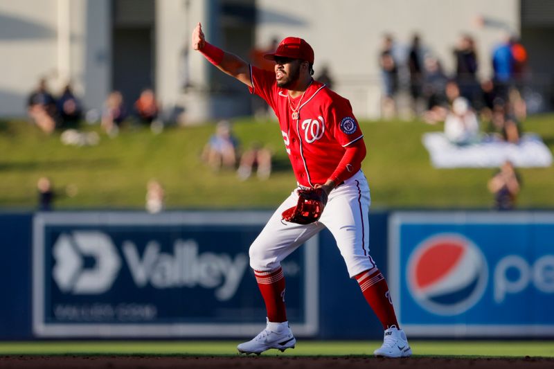 Mar 16, 2023; West Palm Beach, Florida, USA; Washington Nationals second baseman Luis Garcia (2) blocks the sun from his face during the third inning against the New York Mets at The Ballpark of the Palm Beaches. Mandatory Credit: Sam Navarro-USA TODAY Sports