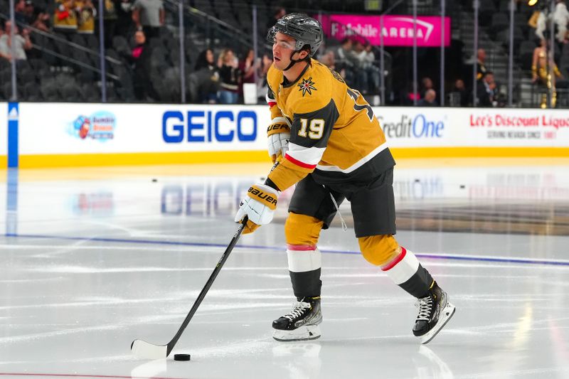 Sep 29, 2023; Las Vegas, Nevada, USA; Vegas Golden Knights center Brendan Brisson (19) warms up before a preseason game against the Arizona Coyotes at T-Mobile Arena. Mandatory Credit: Stephen R. Sylvanie-USA TODAY Sports