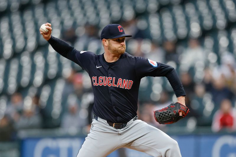 May 9, 2024; Chicago, Illinois, USA; Cleveland Guardians starting pitcher Ben Lively (39) delivers a pitch against the Chicago White Sox during the first inning at Guaranteed Rate Field. Mandatory Credit: Kamil Krzaczynski-USA TODAY Sports