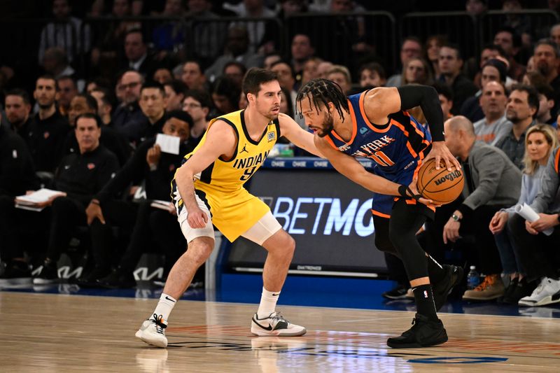 NEW YORK, NY - FEBRUARY 10: Jalen Brunson #11 of the New York Knicks looks to pass the ball during the game against the Indiana Pacers on February 10, 2024 at Madison Square Garden in New York City, New York.  NOTE TO USER: User expressly acknowledges and agrees that, by downloading and or using this photograph, User is consenting to the terms and conditions of the Getty Images License Agreement. Mandatory Copyright Notice: Copyright 2024 NBAE  (Photo by David Dow/NBAE via Getty Images)