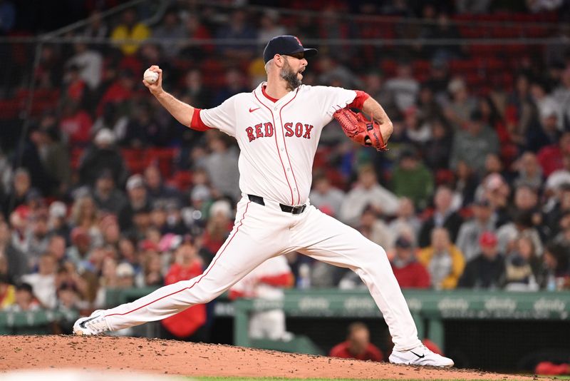 May 30, 2024; Boston, Massachusetts, USA; Boston Red Sox pitcher Chris Martin (55) pitches against the Detroit Tigers during the eighth inning at Fenway Park. Mandatory Credit: Eric Canha-USA TODAY Sports