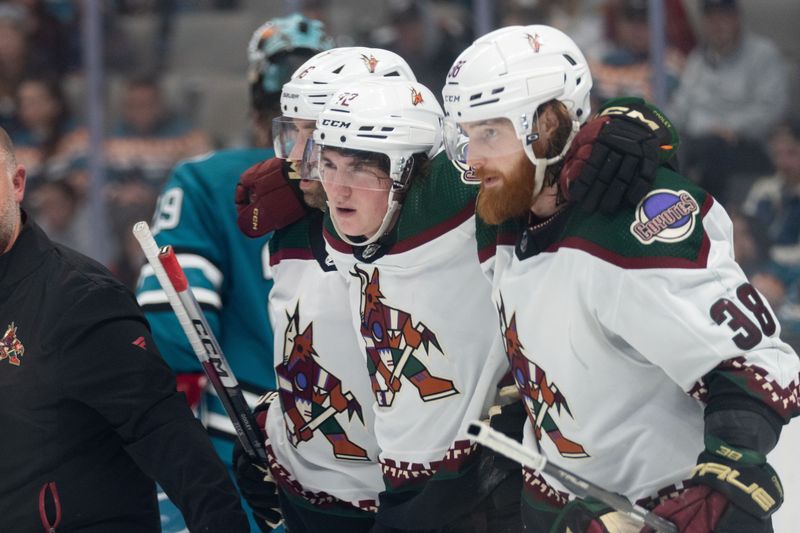 Dec 21, 2023; San Jose, California, USA; Arizona Coyotes left wing Jason Zucker (16) and center Liam O'Brien (38) assist center Logan Cooley (92) back up after colliding into the wall during the third period against the San Jose Sharks at SAP Center at San Jose. Mandatory Credit: Stan Szeto-USA TODAY Sports