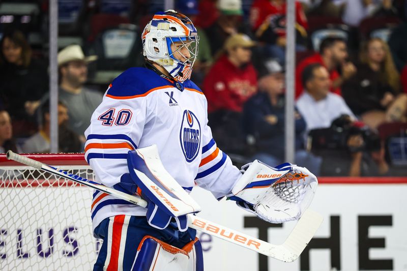 Sep 21, 2025; Calgary, Alberta, CAN; Edmonton Oilers goaltender Nathaniel Day (40) takes the net during the second period against the Calgary Flames at Scotiabank Saddledome. Mandatory Credit: Sergei Belski-Imagn Images