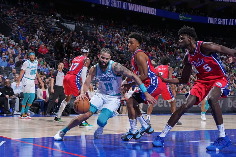 PHILADELPHIA, PA - MARCH 1: Cody Martin #11 of the Charlotte Hornets dribbles the ball during the game against the Philadelphia 76ers on March 1, 2024 at the Wells Fargo Center in Philadelphia, Pennsylvania NOTE TO USER: User expressly acknowledges and agrees that, by downloading and/or using this Photograph, user is consenting to the terms and conditions of the Getty Images License Agreement. Mandatory Copyright Notice: Copyright 2024 NBAE (Photo by Jesse D. Garrabrant/NBAE via Getty Images)