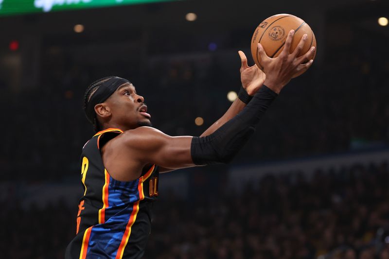 OKLAHOMA CITY, OKLAHOMA - MAY 05: Shai Gilgeous-Alexander #2 of the Oklahoma City Thunder makes a move to the basket during the first quarter of Round Two Game One of the 2025 NBA Playoffs against the Denver Nuggets at Paycom Center on May 05, 2025 in Oklahoma City, Oklahoma. NOTE TO USER: User expressly acknowledges and agrees that, by downloading and or using this photograph, user is consenting to the terms and conditions of the Getty Images License Agreement. (Photo by Sam Hodde/Getty Images)