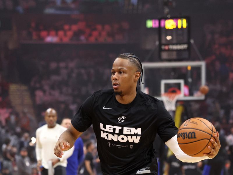 CLEVELAND, OH - APRIL 20: Isaac Okoro #35 of the Cleveland Cavaliers warms up before the game during Round One Game One of the 2024 NBA Playoffs against the Orlando Magic on April 20, 2024 at Rocket Mortgage FieldHouse in Cleveland, Ohio. NOTE TO USER: User expressly acknowledges and agrees that, by downloading and/or using this Photograph, user is consenting to the terms and conditions of the Getty Images License Agreement. Mandatory Copyright Notice: Copyright 2024 NBAE (Photo by  Lauren Leigh Bacho/NBAE via Getty Images)