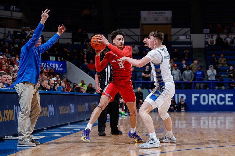 Feb 10, 2023; Colorado Springs, Colorado, USA; New Mexico Lobos guard KJ Jenkins (0) controls the ball as Air Force Falcons guard Carter Murphy (4) guards in the first half at Clune Arena. Mandatory Credit: Isaiah J. Downing-USA TODAY Sports