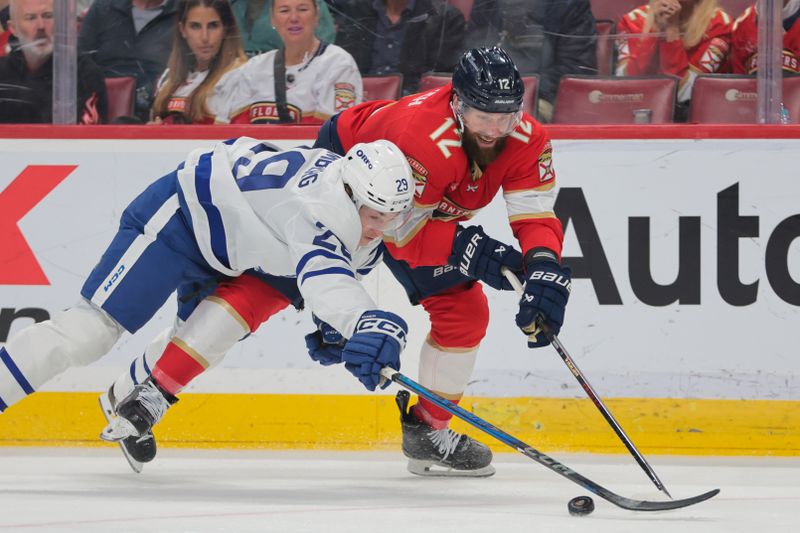 Apr 8, 2025; Sunrise, Florida, USA; Toronto Maple Leafs right wing Pontus Holmberg (29) and Florida Panthers left wing Jonah Gadjovich (12) battle for the puck during the second period at Amerant Bank Arena. Mandatory Credit: Sam Navarro-Imagn Images