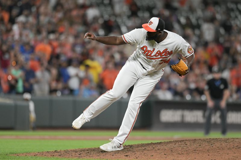 Aug 22, 2023; Baltimore, Maryland, USA; Baltimore Orioles relief pitcher Felix Bautista (74) throws a ninth inning pitch against the Toronto Blue Jays  at Oriole Park at Camden Yards. Mandatory Credit: Tommy Gilligan-USA TODAY Sports