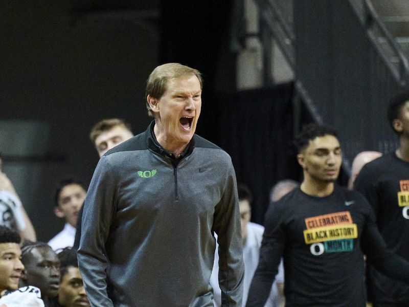 Feb 11, 2023; Eugene, Oregon, USA; Oregon Ducks head coach Dana Altman yells at the referees during the first half against the UCLA Bruins at Matthew Knight Arena. Mandatory Credit: Troy Wayrynen-USA TODAY Sports