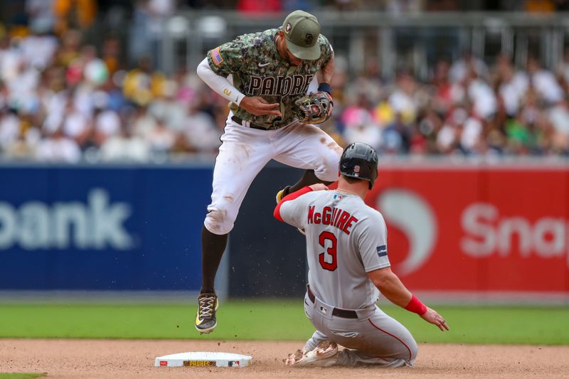 May 21, 2023; San Diego, California, USA;  San Diego Padres shortstop Xander Bogaerts (2) avoids the slide of Boston Red Sox catcher Reese McGuire (3) at second base after getting the force out in the seventh inning against the Boston Red Sox at Petco Park. Mandatory Credit: David Frerker-USA TODAY Sports